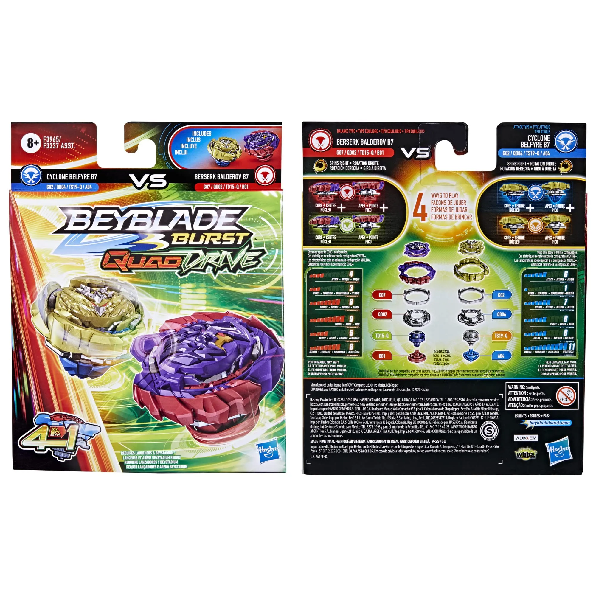 Beyblade Bey Blade Burst Quaddrive Berserk Balderov B7 and Cyclone Belfyre B7 Spinning Top Dual Pack Battling Game Top Toy