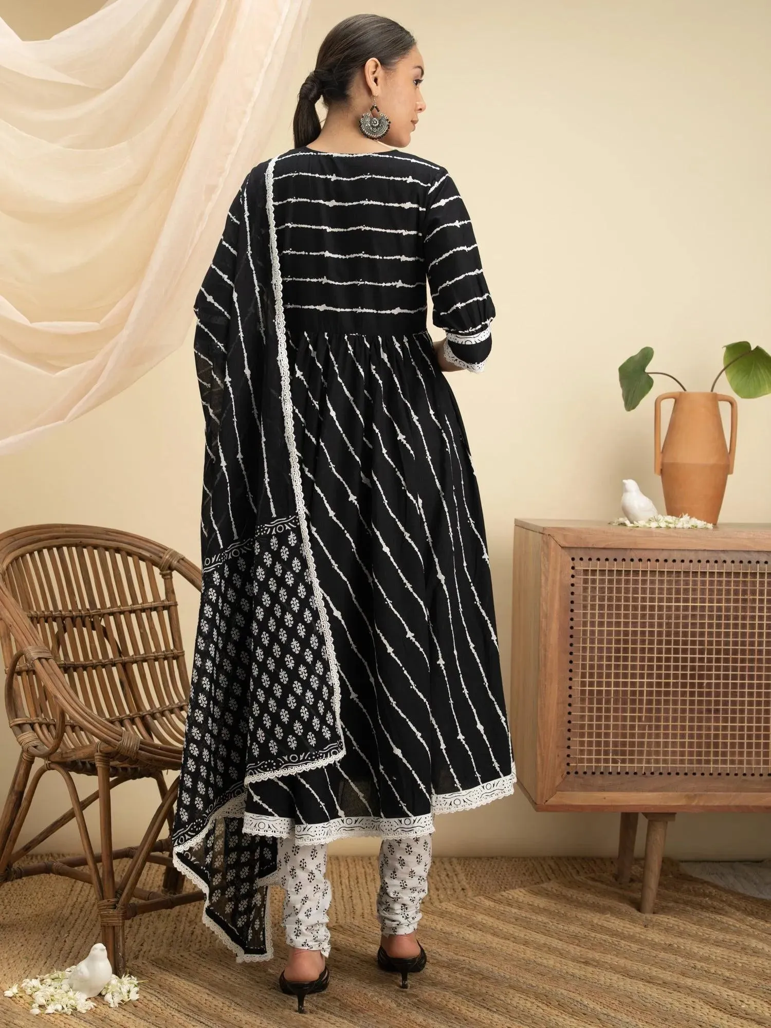 Black Striped Cotton Anarkali Kurta With Churidar & Dupatta