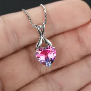 Charming Pink Purple Crystal Heart Pendant Rainbow Gradient Zircon Necklaces For Women