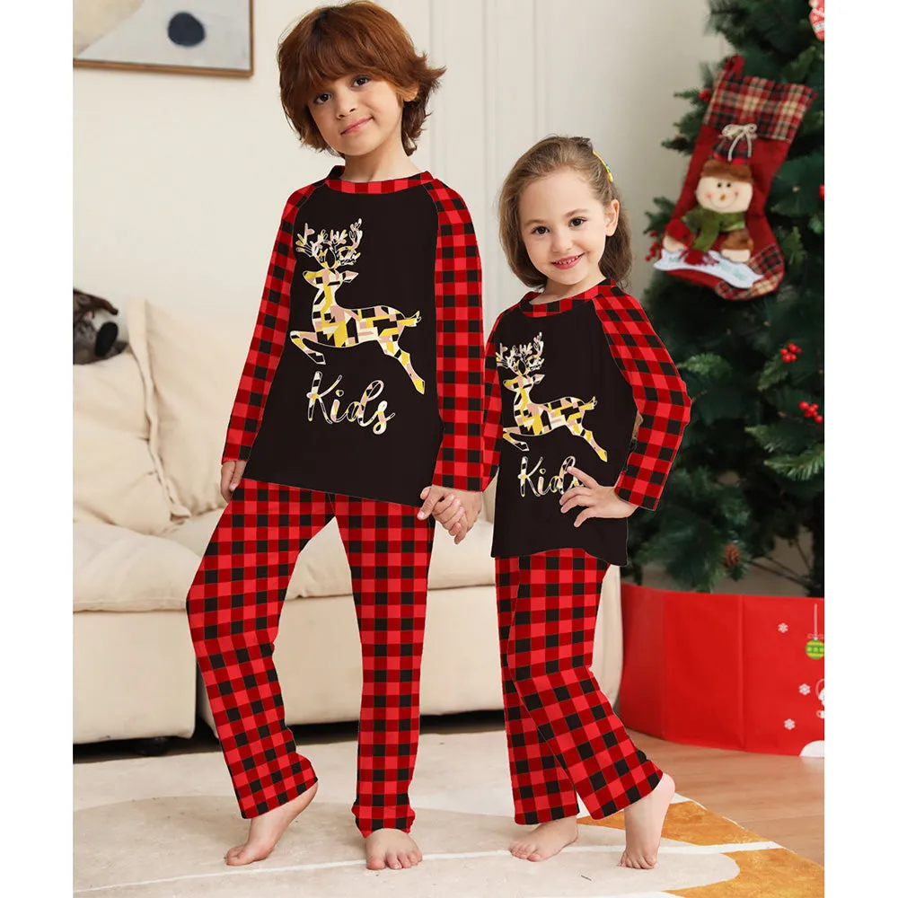 Christmas Gold Reindeer Print Red Plaid Family Matching Pajamas Sets