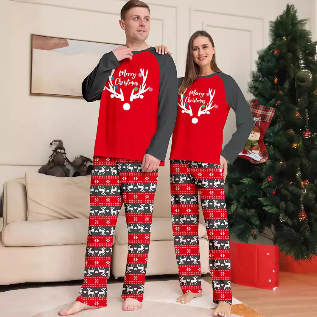 Christmas Reindeer Cartoon Letter Print Long Sleeve Pajama Set