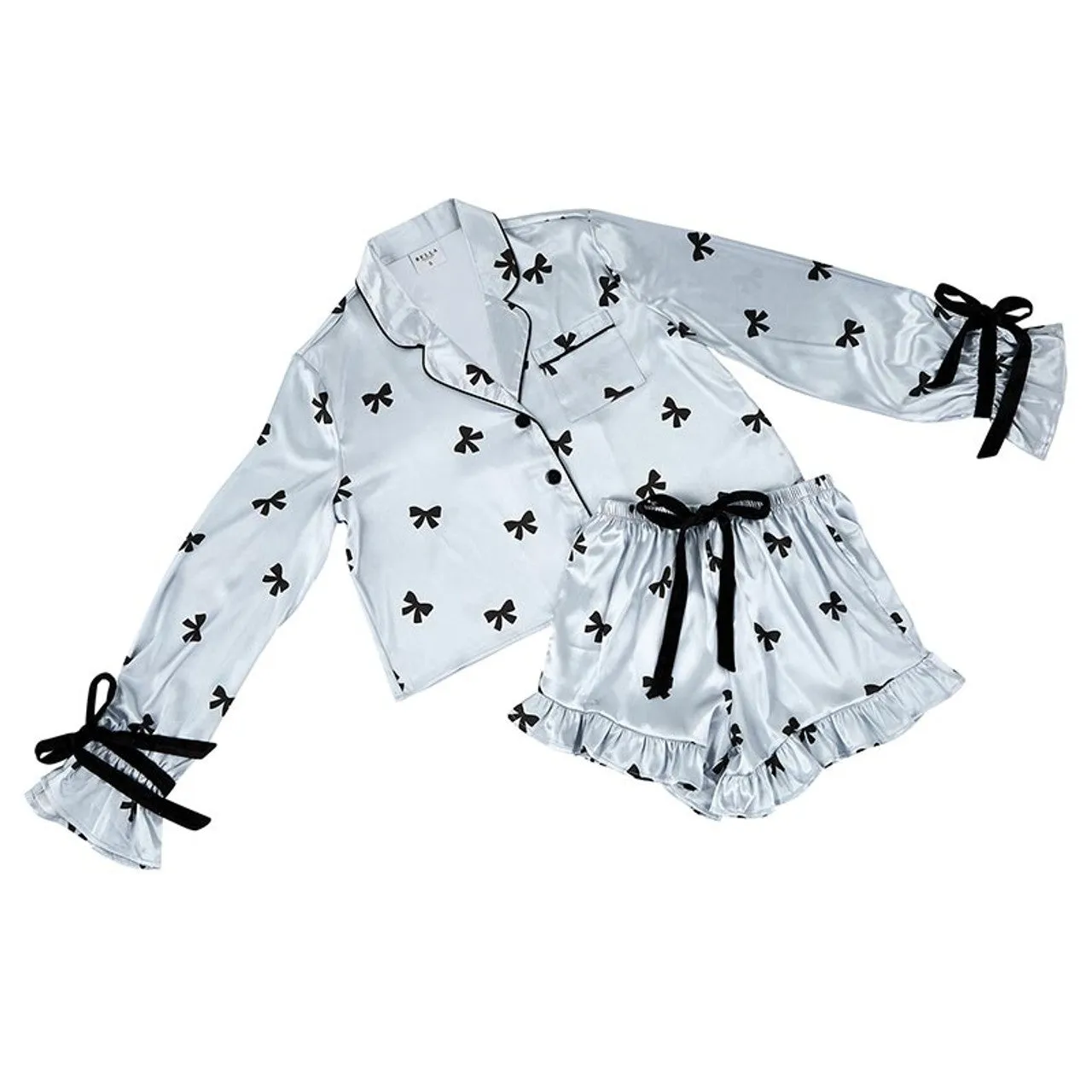 Cropped Pajama Set   Velvet Ties - Black Bows