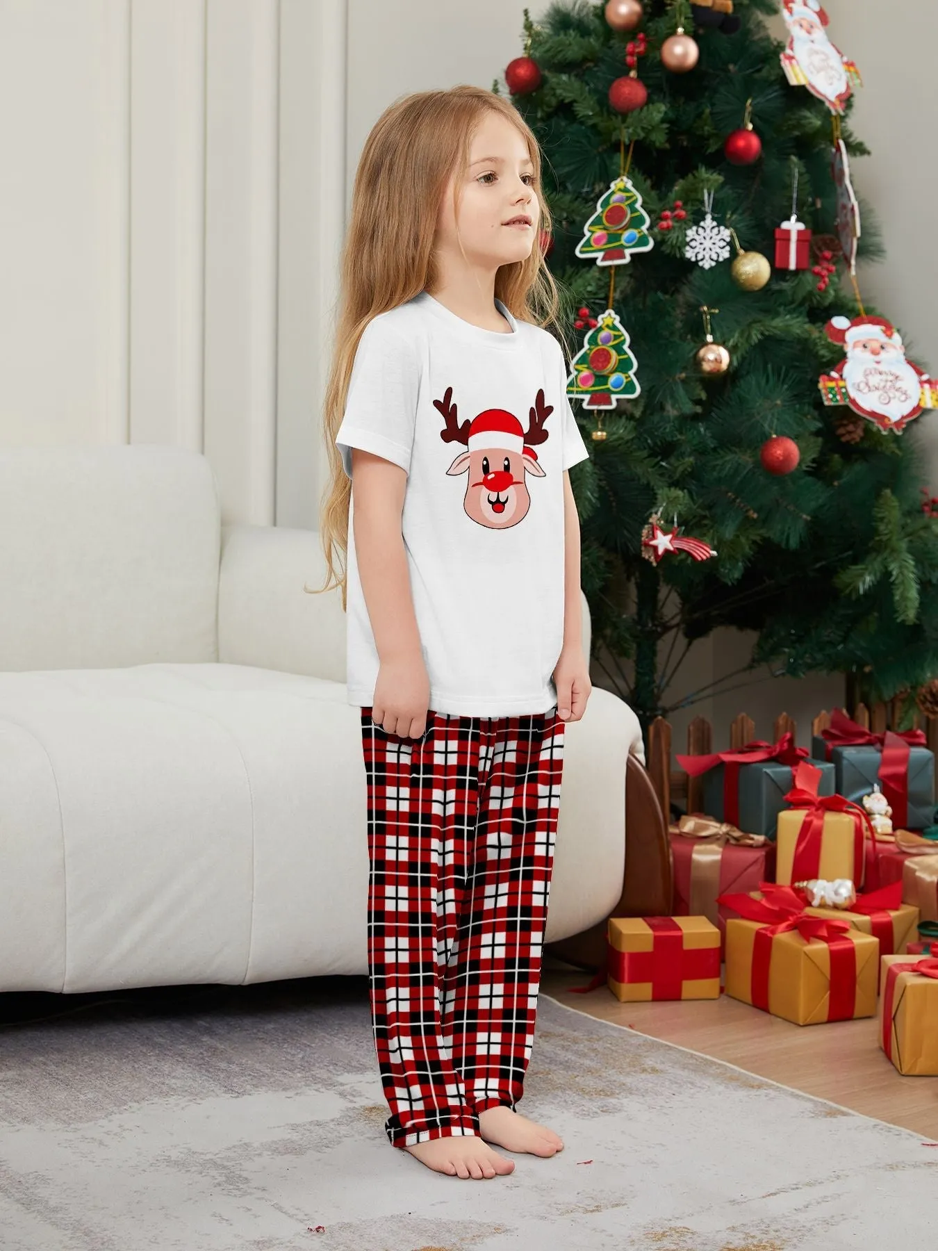 Deer Plaid Printed Family Matching Christmas Pajamas Sets