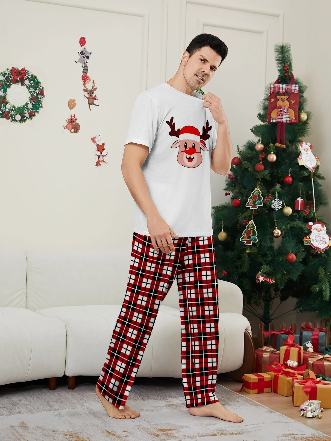 Deer Plaid Printed Family Matching Christmas Pajamas Sets