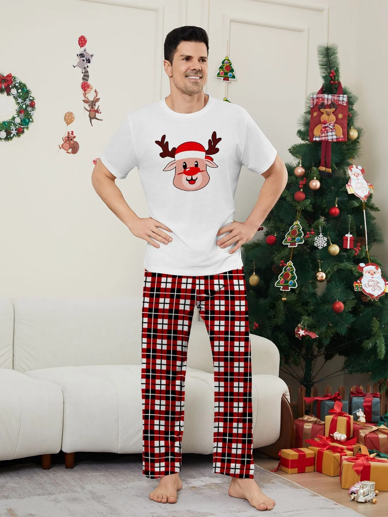 Deer Plaid Printed Family Matching Christmas Pajamas Sets