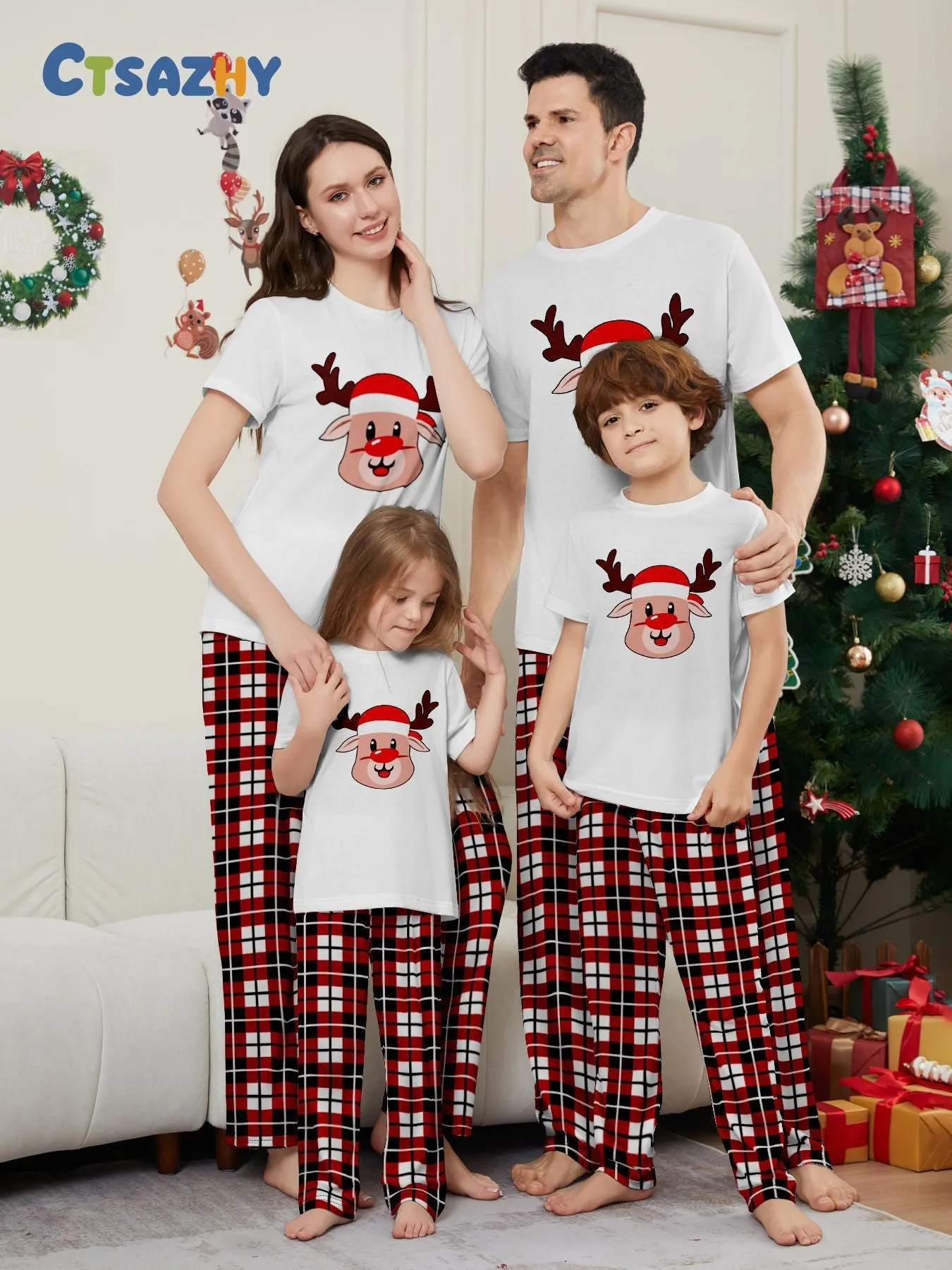 Deer Plaid Printed Family Matching Christmas Pajamas Sets