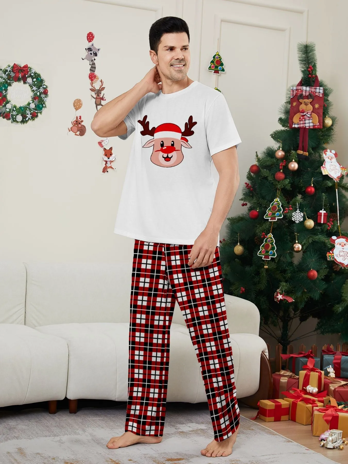 Deer Plaid Printed Family Matching Christmas Pajamas Sets