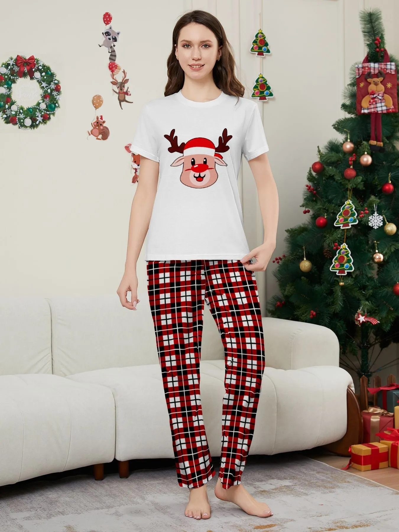 Deer Plaid Printed Family Matching Christmas Pajamas Sets