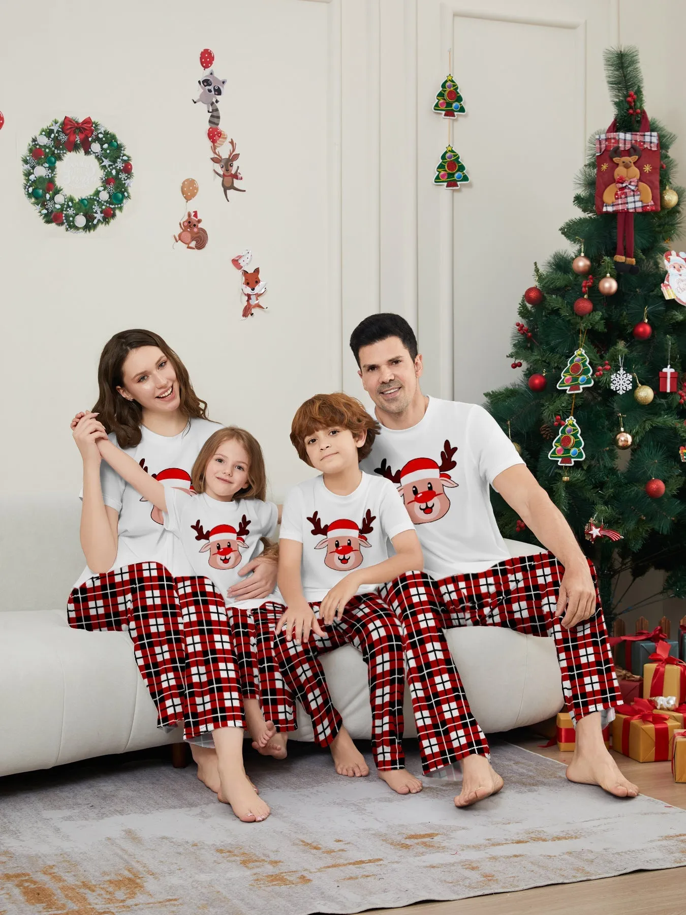 Deer Plaid Printed Family Matching Christmas Pajamas Sets