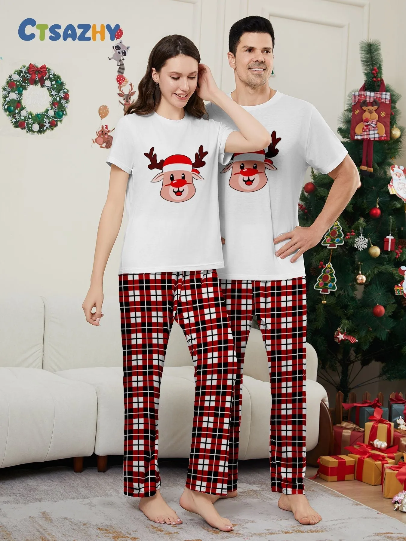 Deer Plaid Printed Family Matching Christmas Pajamas Sets