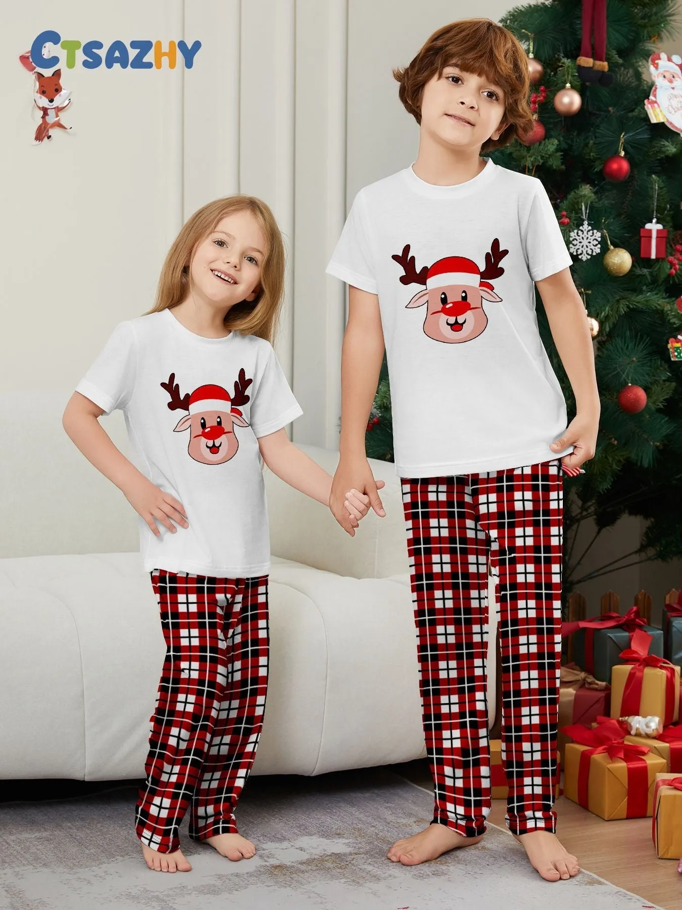 Deer Plaid Printed Family Matching Christmas Pajamas Sets