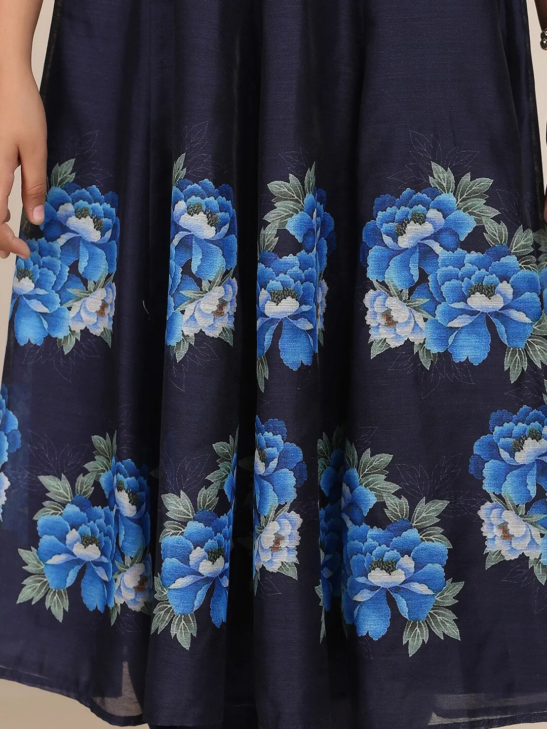 Girl's Navy Blue Floral Printed Panelled Kurta with Trousers & With Dupatta - NOZ2TOZ KIDS