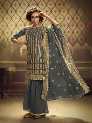 Grey Net Embroidered Partywear Sharara Suit