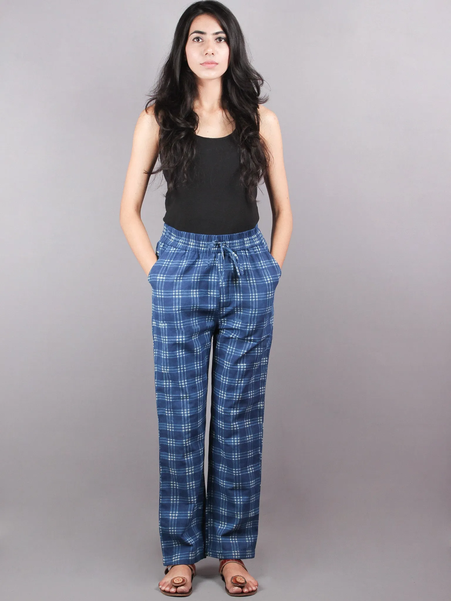 Indigo check Hand Block Printed Elasticated Waist Trousers- T0317033