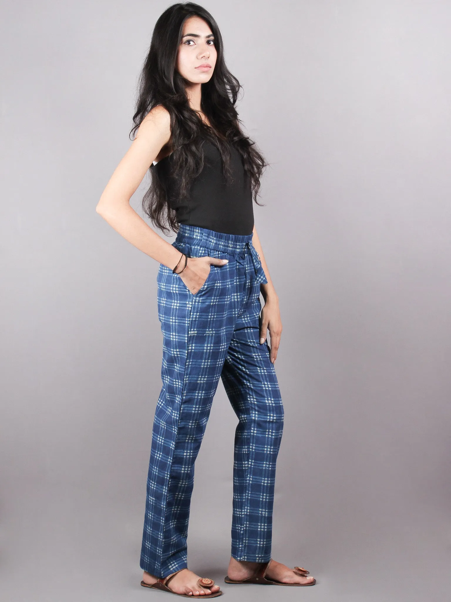 Indigo check Hand Block Printed Elasticated Waist Trousers- T0317033