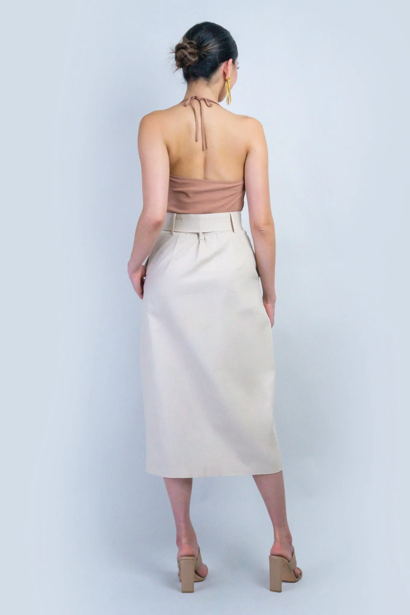 Light Beige High Waist Midi Skirt