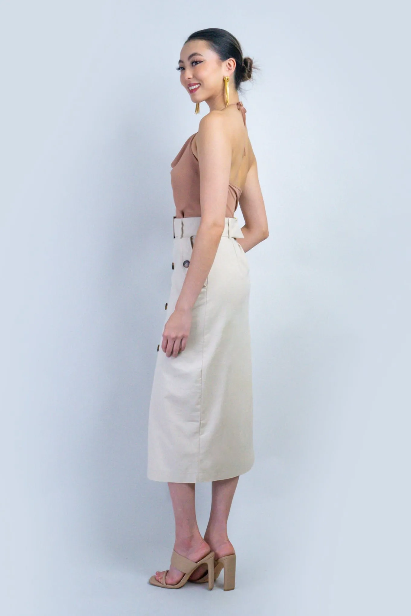 Light Beige High Waist Midi Skirt