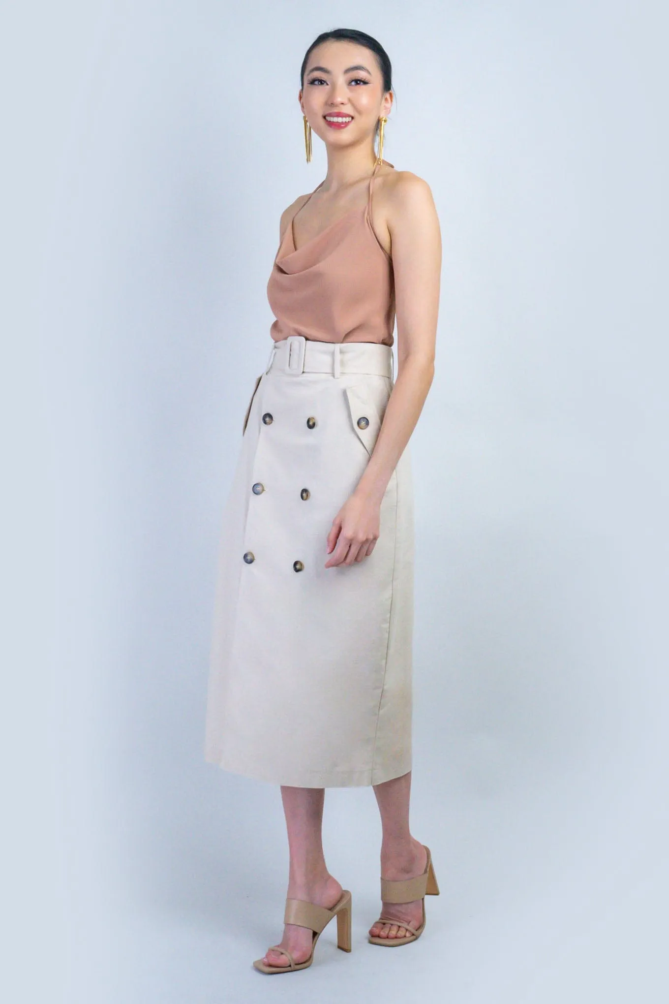 Light Beige High Waist Midi Skirt