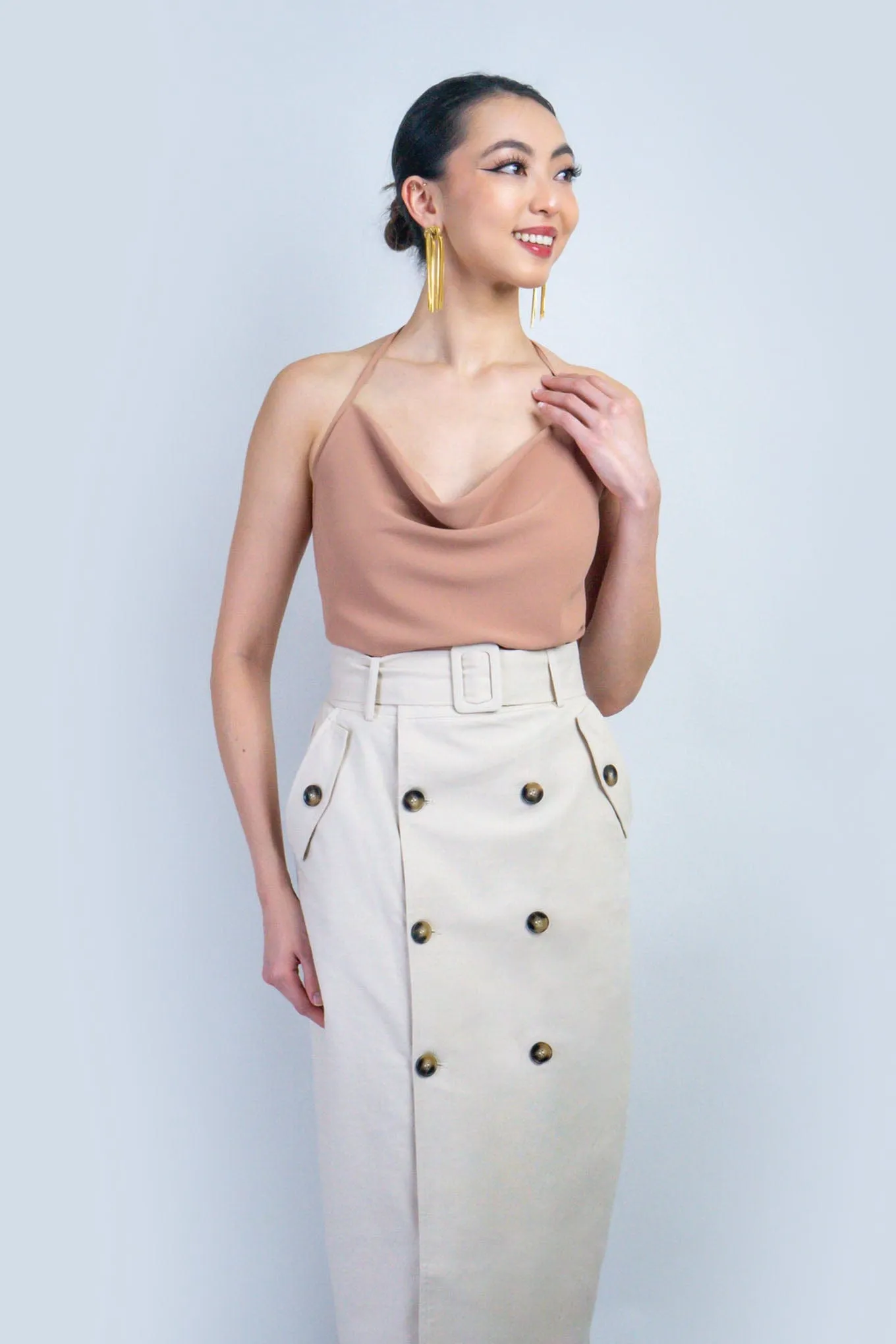 Light Beige High Waist Midi Skirt