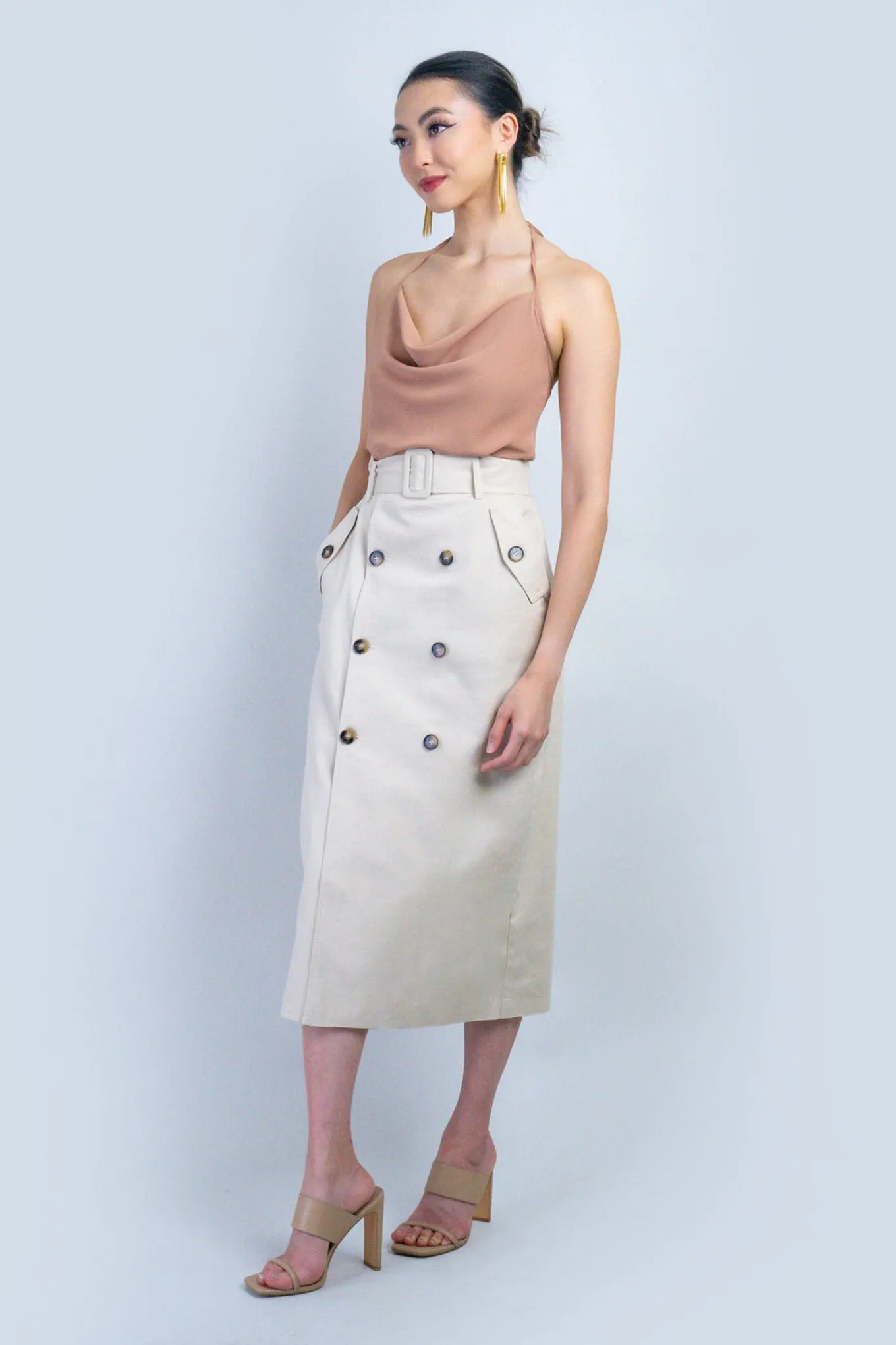 Light Beige High Waist Midi Skirt