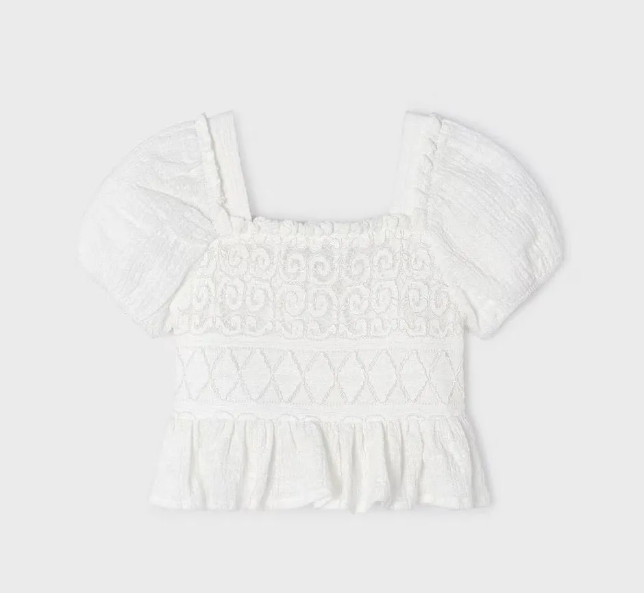 Mayoral Girls Off White Crochet and Lace Top and Capri Pant Set