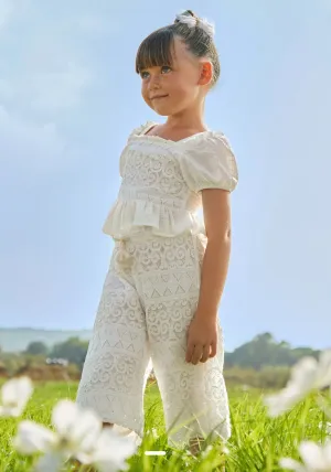 Mayoral Girls Off White Crochet and Lace Top and Capri Pant Set