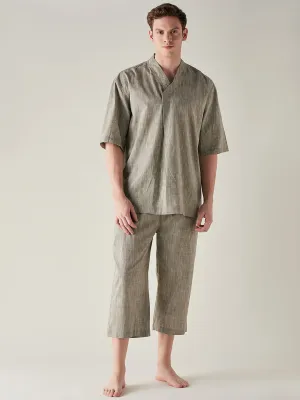 Mens Olive Slub Cotton Angrakha Top and Capri Set