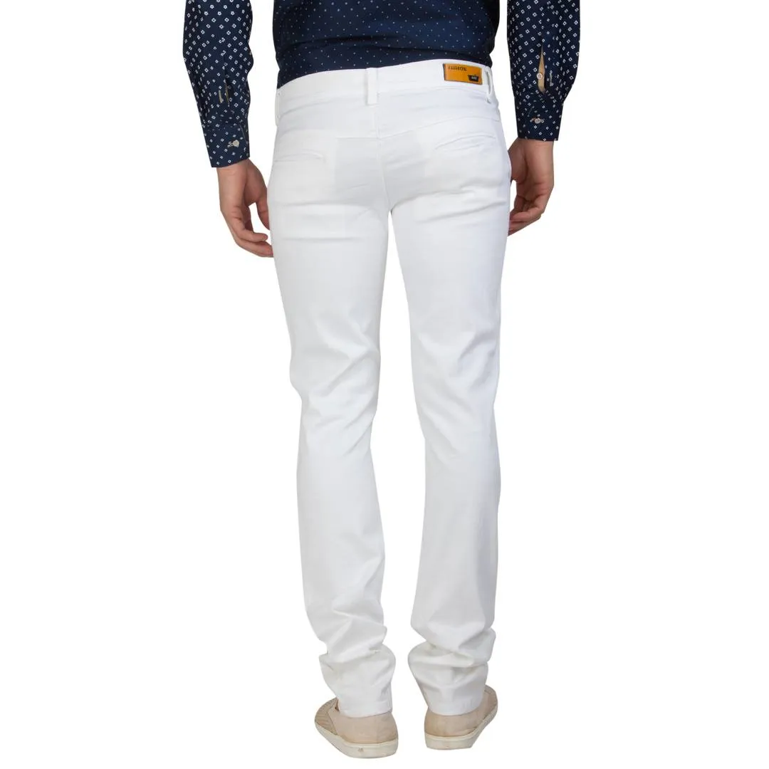 Men's White Cotton Blend Solid Casual Trouser