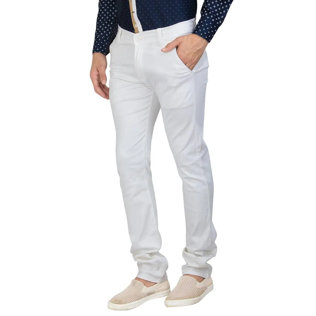 Men's White Cotton Blend Solid Casual Trouser