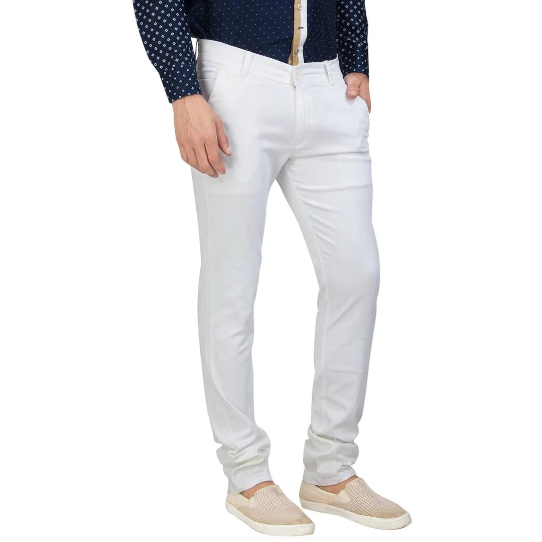 Men's White Cotton Blend Solid Casual Trouser