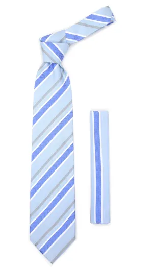 Microfiber Sky Blue Grey Striped Tie and Hankie Set