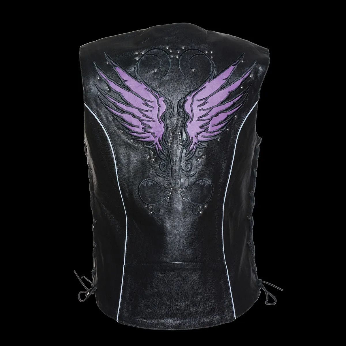 Milwaukee Leather MLL4505 Women's Black Leather Side Lace Motorcycle Rider Vest-Reflective and Studded Purple Wings