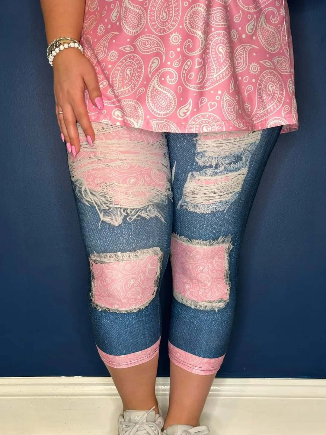 Pink Paisley Denim-Look Leggings w/Pockets - #6813-6815