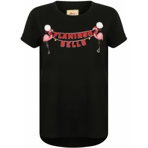 Season's Greetings Flamingo Bells Womens Christmas Short Sleeve Top - Black