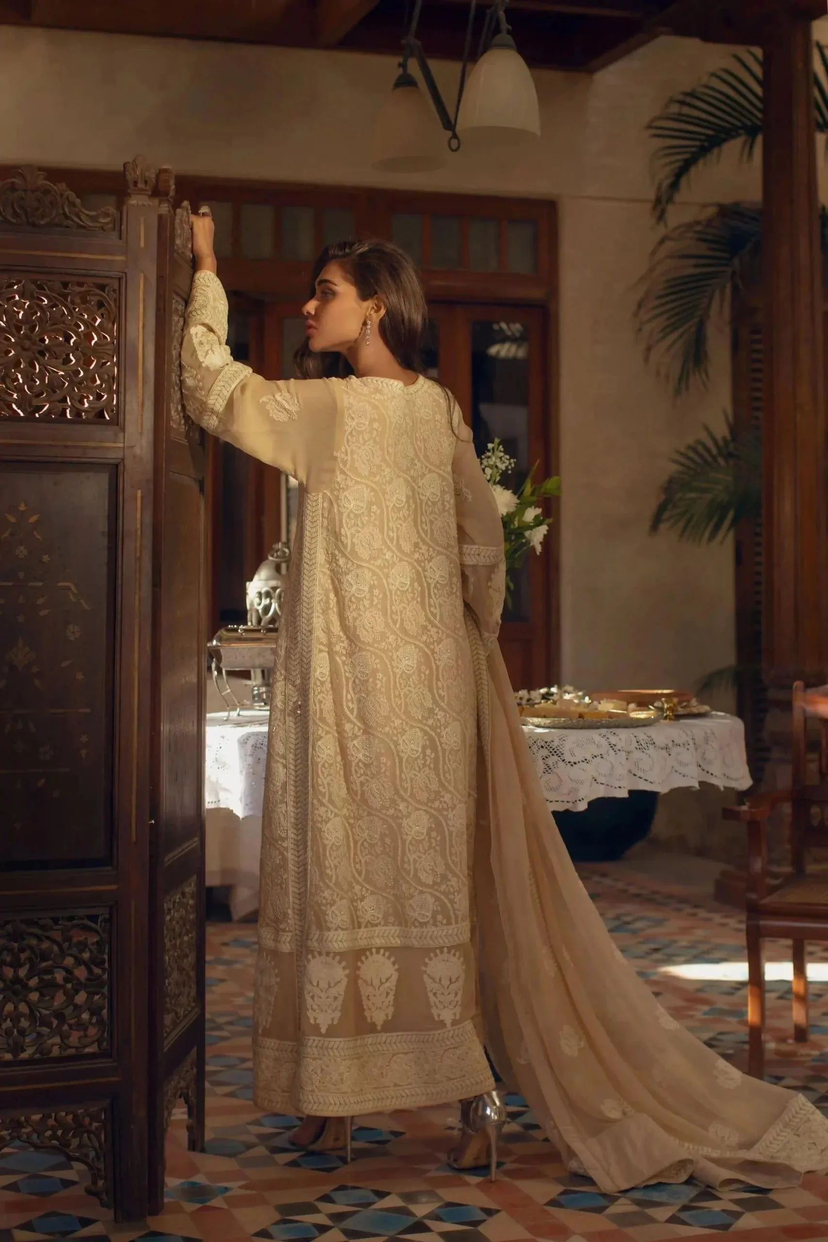 Shehrnaz - Beige Long Shirt With Embroidery Paired With Capri Pants & Chiffon Dupatta With Detailing – SHK-1067 - 3 Piece