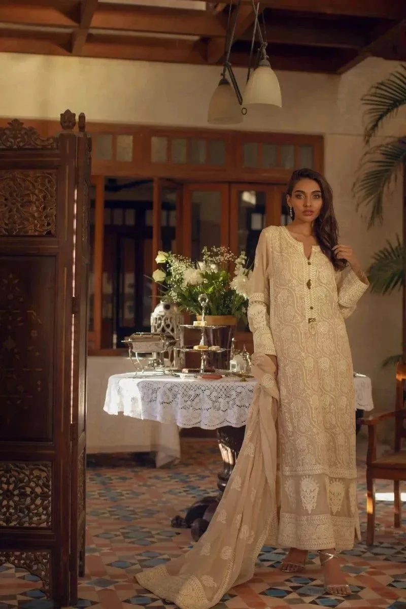 Shehrnaz - Beige Long Shirt With Embroidery Paired With Capri Pants & Chiffon Dupatta With Detailing – SHK-1067 - 3 Piece