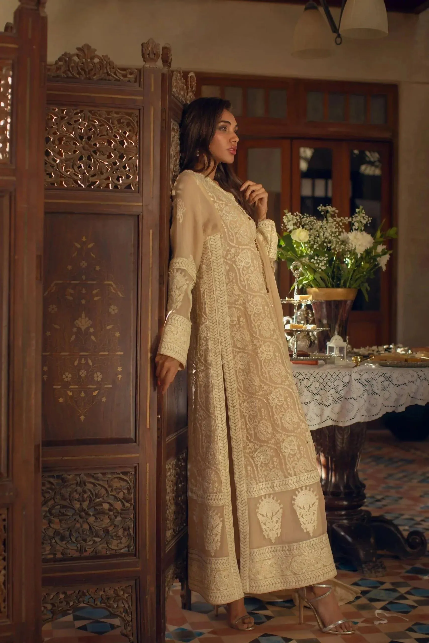 Shehrnaz - Beige Long Shirt With Embroidery Paired With Capri Pants & Chiffon Dupatta With Detailing – SHK-1067 - 3 Piece