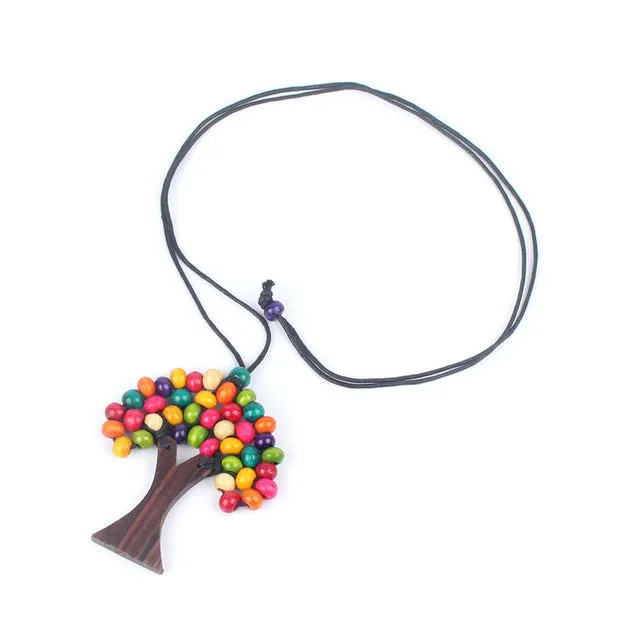 Shinus Necklace Women Jewelry Statement Maxi Long Necklaces Boho Ethnic Tree Of Life Rainbow Pendant Wooded Handmade Beads Gift