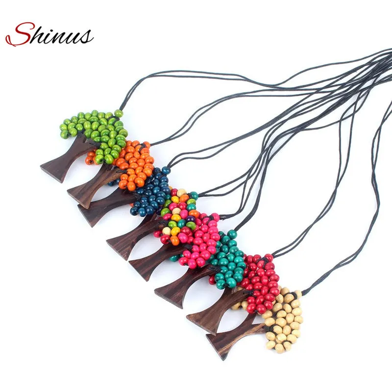 Shinus Necklace Women Jewelry Statement Maxi Long Necklaces Boho Ethnic Tree Of Life Rainbow Pendant Wooded Handmade Beads Gift