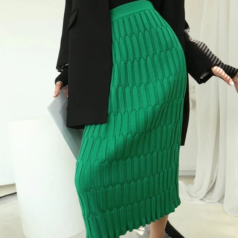 Slim Fit Elastic High Waist Knitted Mid-Calf Skirts