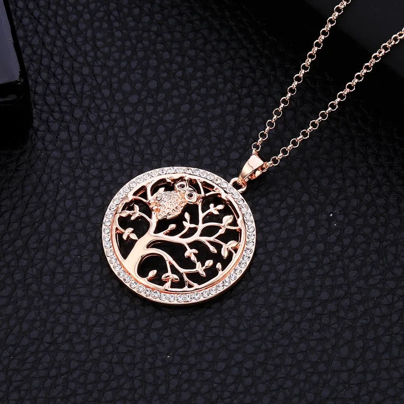 Small Owl Necklace Tree Of Life Pendant Rose Gold Women Sweater Chain Crystal Long Necklaces For Women