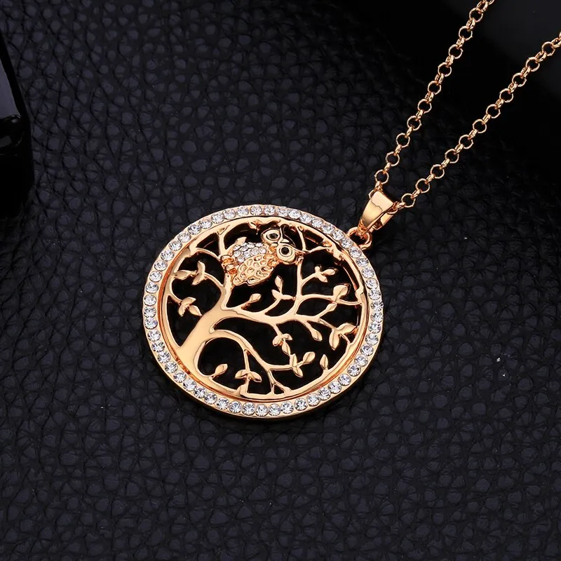 Small Owl Necklace Tree Of Life Pendant Rose Gold Women Sweater Chain Crystal Long Necklaces For Women