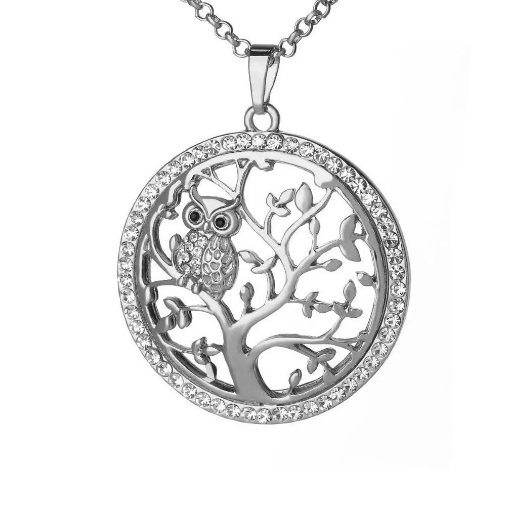 Small Owl Necklace Tree Of Life Pendant Rose Gold Women Sweater Chain Crystal Long Necklaces For Women