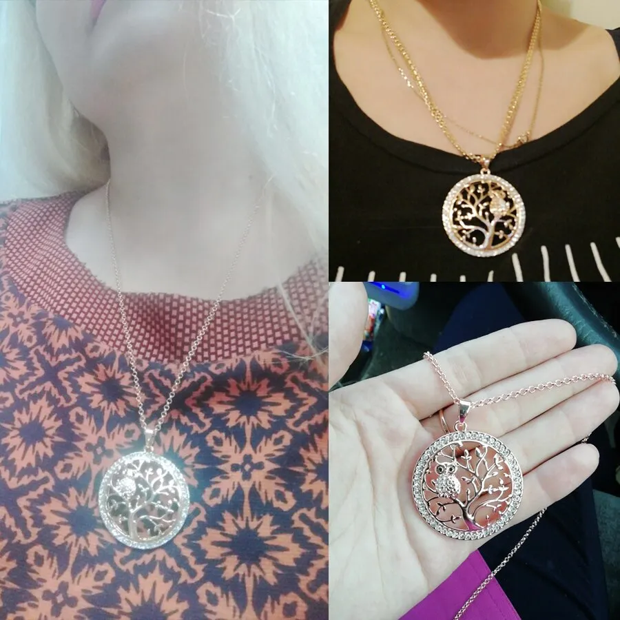 Small Owl Necklace Tree Of Life Pendant Rose Gold Women Sweater Chain Crystal Long Necklaces For Women