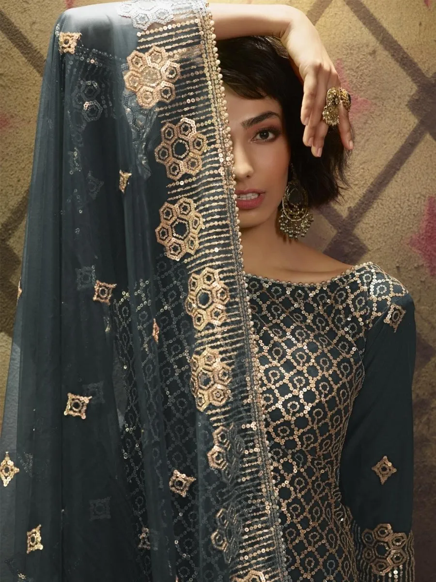 Teal Blue Net Embroidered Partywear Sharara Suit