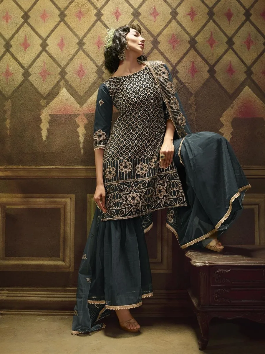 Teal Blue Net Embroidered Partywear Sharara Suit