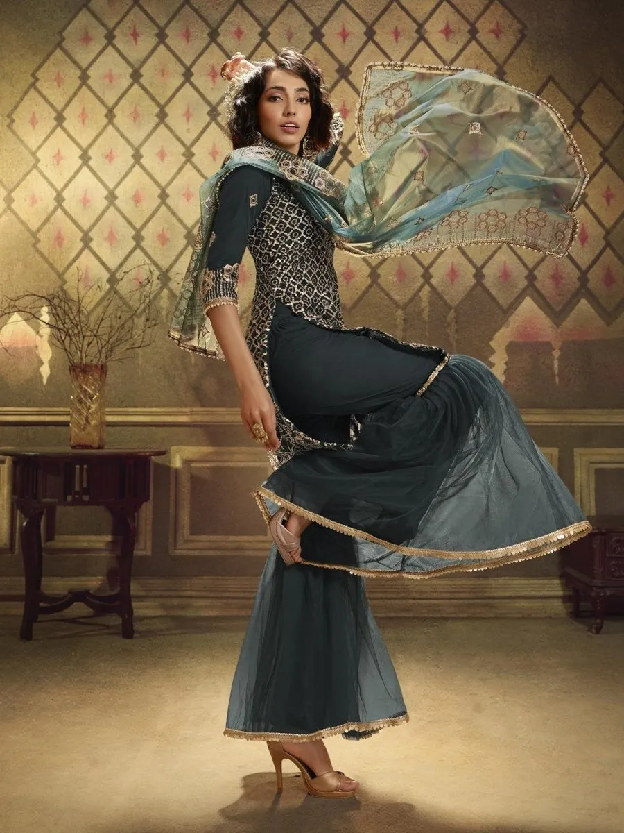 Teal Blue Net Embroidered Partywear Sharara Suit