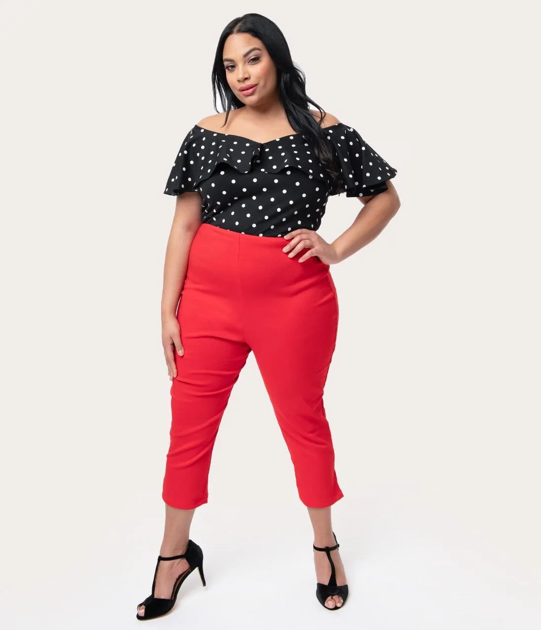 Unique Vintage Plus Size Red High Waist Rachelle Capri Pants