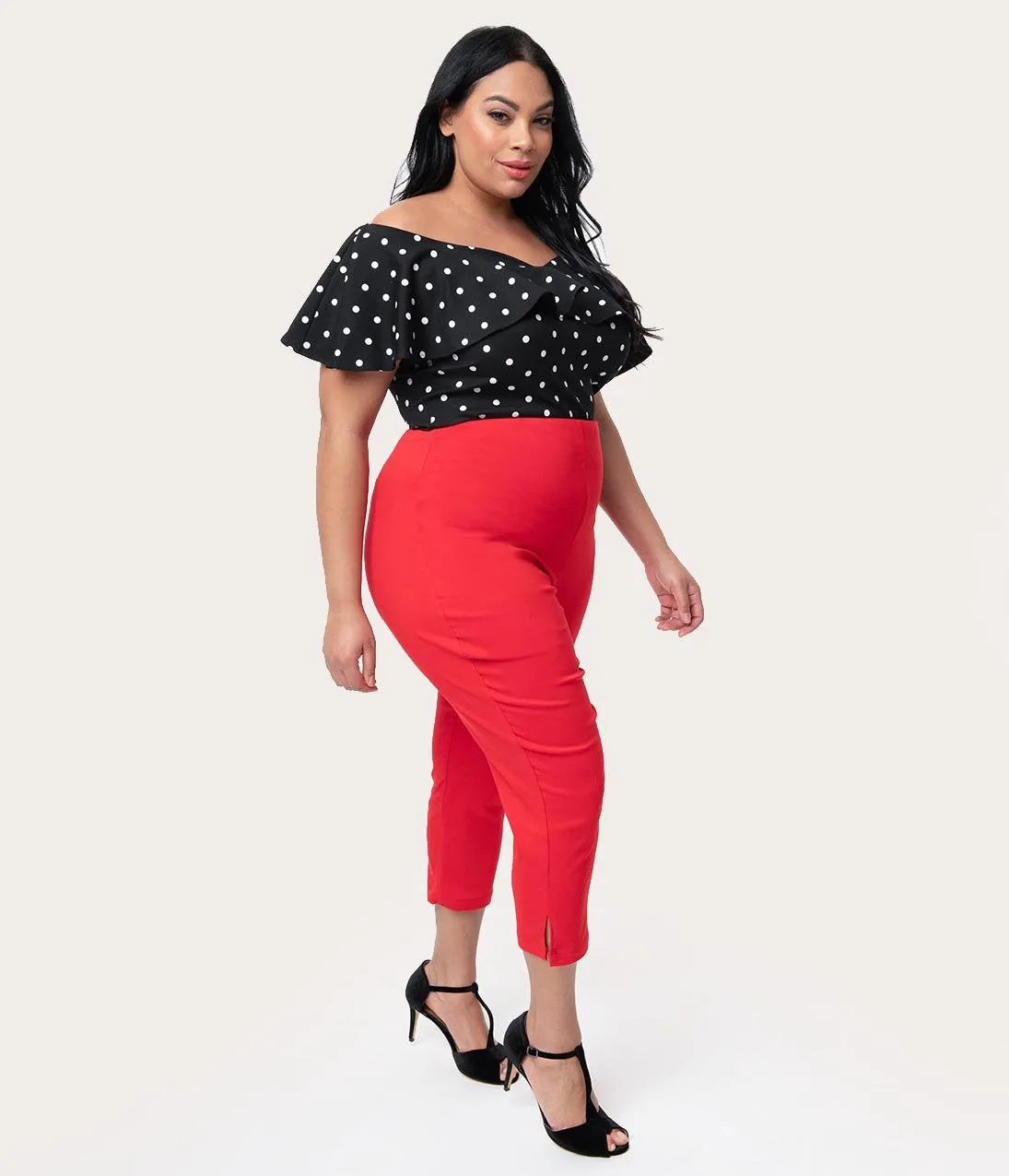 Unique Vintage Plus Size Red High Waist Rachelle Capri Pants