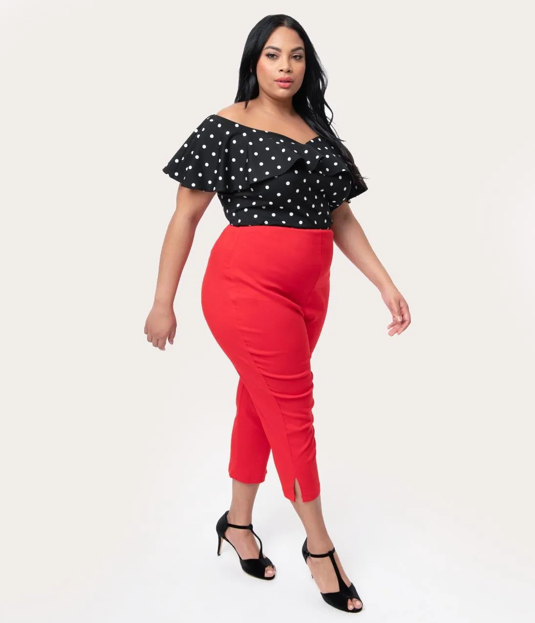 Unique Vintage Plus Size Red High Waist Rachelle Capri Pants